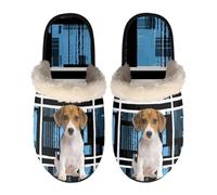 Dolyues Blue Plaid Beagle Slippers Fluffy Comfy Faux Fur House Shoes for Women Big Kid Girl, Non Slip Slipper Backless Footwear Size Large