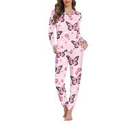 Dolyues Butterfly Pajamas Womens Girls Long Sleeve Tops + Pants with Pockets Pyjamas Set Women's Lounge Set Regular Nightwear, XS-6XL, Butterflies Flower