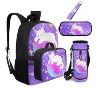 Dolyues Cat Planet Girls Backpack with Attached Lunch Box 5 in 1 Bookbag for Girls Age 8-10 Cute 5th Grade Back to School Book Bags with Water Bottle Holder