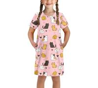 Dolyues Cats Girls Nightgown Short Sleeve Nightdress Crew Neck Sleepwear Casual Summer Pajamas Nightdress Loose Fit Comfy Nightwear Size 3-14 Years