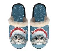 Dolyues Christmas Cat Slippers for Women Men Warm Winter House Shoes Cute Non Slip Rubber Backing Flat Shoes, Casual Fluffy Slides Sandals Blue Size Medium