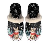 Dolyues Christmas Slippers Memory Foam Slip on Warm Slipper for Women Men, Casual House Shoes Closed Toe Flat Shoes with Anti Skid Sole Black Christmas Cat Size Small