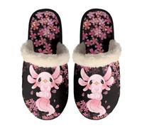 Dolyues Cute Axolotl Cherry Blossom Slippers Cozy Warm Winter Slip on House Shoes Fluffy Soft Memory Foam Slipper, Cartoon Fish Flower Print Flat Shoes