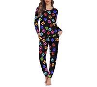 Dolyues Cute Dog Paws Pyjama Sets Women Long Pjs with Pocket Long Sleeve Regular Fit Nightwear Two Pieces Sleepsuit Casual Sleepwear Pijamas for Teen Girl Womens Lady