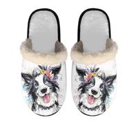 Dolyues Cute Warm House Shoes Slip on Flat Shoes Fluffy Winter Slides Sandals for Women Men Comfy Soft Footwear White Border Collie Size Medium