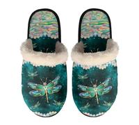 Dolyues Dragonfly House Slippers for Indoor, Slip on Flat Shoes Comfy Casual Slippers with Anti Skid Rubber Sole, Warm Winter Fluffy Slides Sandals