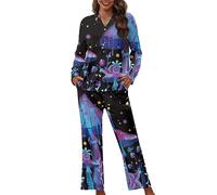 Dolyues Galaxy Mushroom Snail Pyjama Sets for Women Long Pjs with Pocket, Button up Tops Shirts and Pants, Full Length Pajama Sleepwear