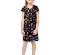 Dolyues Girls Dress Colorful Paws Print Nighties Dresses Age 4-14 Kids T-Shirt Sundress Cute Animal Paw Pajamas Wear Short Sleeve Nightgown