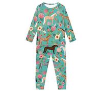 Dolyues Horse Flower Pajama Suit, Green, for Kid Girl Boy 2 Pieces Long Pjs with Pocket Casual Round Neck Regular Sleepsuit