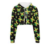 Dolyues Jamaica Flag Cropped Hoodies Long Sleeve Pullover with Drawstring Hooded Drop Shoulder Hooded Crop Jacket Tops for Women, Patriotic Jamaican Flag Tops
