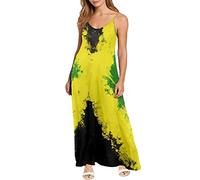 Dolyues Jamaica Flag Dress Womens Casual Lounge Long Dress Spaghetti Strap Maxi Dresses Summer Backless V Neck Sun Dress,Jamaican Flag Dress