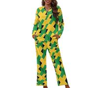 Dolyues Jamaica Flag Pyjama Sets Womens Long Pajamas Set Tops Shirts & Pants with Pocket, Patriotic Jamaican Flag Sleepwear, Casual Sleepsuit Nightwear