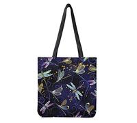 Dolyues Multicolor Dragonfly Printing Women's Canvas Tote Bag Reusable Foldable Shopper Bag for Girl Book bag Travel Bag Handbag