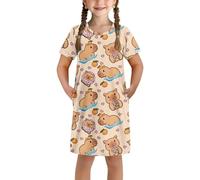 Dolyues Orange Capybara Girls Nightdress | Short Sleeve Princess Pajama Dress | Cute Kids Sleepwear Nightie for Ages 3-14 Years Soft Comfy Summer Nightgown Gift