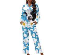 Dolyues Pyjama Set for Women Teen Girl, Cute Sunflower Cow Print Pajama Set, Two Piece Sleepwear Long Pj Set with Pocket, Button Down Loungewear Homewear