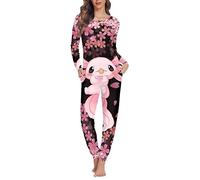 Dolyues Pyjama Sets for Women Cute Axolotl Cherry Blossom Sleep Tops and Pants, Long Pjs with Pocket Cartoon Fish Sakura Flower Print Pajama Set