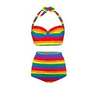 Dolyues Rainbow Stripes Bikini Set Colorful Swimsuit Tops Shorts, Spaghetti Strap Top with High Waisted Bottom Beach Party Tie Side Swimming Costume