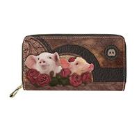 Dolyues Red Rose Cute Pig Print Women Long Pu Leather Wallet with Zipper Credit Card Holder Organizer Purses Cash Bag