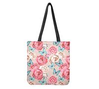 Dolyues Retro Pink Rose Blue Butterfly Pattern Shoulder Bags,Big Capacity Reusable Carry Canvas Tote Bags with Inner Pocket
