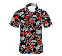 Dolyues Skull Rose Shirts for Men Classic Button-Down T Shirts Skeleton Print Shirt Work Blouse Casual Tees Shirts, Size S-4XL