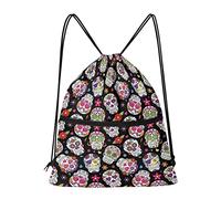 Dolyues Sugar Skull Drawstring Bag Zipper String Swim Drawstrings PE Bags Candy Skeleton Print Cinch Bagpack Large Lightweight Trainer Gym Sport Bag