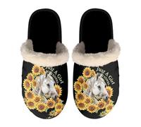 Dolyues Trendy Slippers Winter Warm House Shoes Cute Fluffy Slides Sandals Slip on Flat Shoes Comfy Non Slip Slipper Black Sunflower Horse Size XL