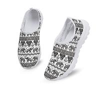 Dolyues White Black Ethnic Boho Elephant Print Women Casual Slip On Sneakers,Comfortable Breathable Sport Athletic Shoes
