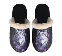 Dolyues Wolf Purple Flower Slippers with Cozy Memory Foam Ladies Warm Comfy Indoor House Shoes Animal Print Slipper for Bedroom Kitchen M