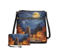 Dolyues Women's Castle Cat Pumpkin Crossbody Purse and Wallet Set 2 Piece