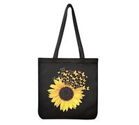Dolyues Yellow Sunflower Butterfly Print Casual Large Capacity Canvas Tote Bag Reusable Foldable Grocery Shopping Bags