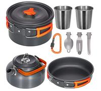 Domary Camping Cookware Set Lightweight Portable Pan Kettle Cups Spoon Fork Cutter for Picnic Hiking Outdoor Adventure Durable Hard Anodized Aluminum Cookware Set for 2 3 People (Orange)