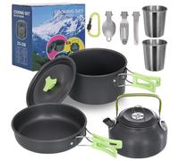 Domary Camping Cookware Set Lightweight Portable Pan Kettle Cups Spoon Fork Cutter for Picnic Hiking Outdoor Adventure Durable Hard Anodized Aluminum Cookware Set for 2 3 People (Green)