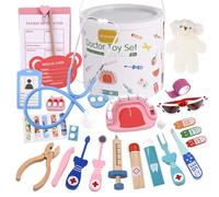 Domary Wooden Doctor Kit Set with Stethoscope Thermometer Tooth Model