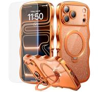 Domaver 3 in 1 for iPhone 17 Pro Max Case with 360° Spin Stand, [Compatible with Magsafe][DIY Glitter Cardstock+Screen Protector], Cute Wave Plating Glossy Stylish Women Girls Case 6.9", Cosmic Orange