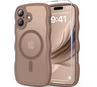 DOMAVER for iPhone 16 Plus Case Women Girls, 1X Screen Protector+1X Wrist Strap, [Compatible with MagSafe] [Full Camera Protection] Cute Wave Frame Matte Phone Case for iPhone 16 Plus, Brown