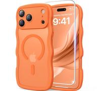 DOMAVER for iPhone Pro Max Case for Women Girls, [Full Camera Protection] [Compatible with MagSafe] 1X Screen Protector + 1X Wrist Strap, Cute Wave Trendy Matte Case for iPhone Pro Max, Orange