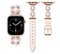 DOMAVER Leather Band with Flower-Shaped Diamond Metal Buckle Bracelet, Compatible with Apple Watch Bands Women 42/44/45/46/49mm Ultra Dressy Slim Leather Strap for All iWatch Series, Rose Pink