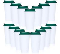 Domensi 15 Pack Reusable Coffee Cups with Lids 16 oz Disposable Travel Cups Bulk Plastic to Go Coffee Tumblers for DIY Hot Cold Drink Party Favors Coworker, Microwaveable (White with Green Lid)