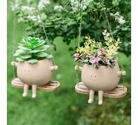 Domensi 2 Pcs Swing Hanging Planter Cute Planter Pots for Outdoor Plants Indoor Face Hanging Head Succulent Pots for String Resin Lovely Flower Pots Plant Hanger Indoor with Drainage Hole Gifts