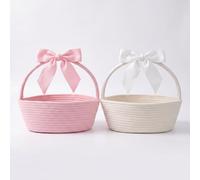 Domensi 2 Pcs White Pink Bow Storage Baskets 12 x 8 Inch Woven Cotton Rope Laundry Hamper with Bow Handles Soft Fabric Gift Baskets for Home Decor Organization Room Bedroom Laundry Countertop Tabletop