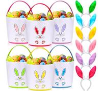 Domensi 6 Pcs Bunny Easter Basket Bags with 6 Bunny Headband for Kids Adults; Canvas Baskets for Easter; 9 x 9.45 Inches, Multicolor, 9 x 8 x 3.15 inches