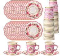 Domensi 60 Pieces Tea Party Decorations Include 30 Pcs 9 oz Paper Cups with Handle and 30 Pcs Tea Party Paper Plates Disposable Blossom Teacups and Saucers for wedding Favors(Classic)