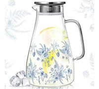Domensi 74 oz / 2200 ml Glass Pitcher with Lid Water Pitcher with Handles Beverage Water Jar Glass Jug Hot and Cold Resistant Carafe for Tea Juice Milk Coffee Iced Beverage(Retro Flowers)