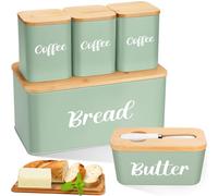 Domensi Metal Bread Box and Ceramic Butter Dish with 3 Airtight Kitchen Canisters Farmhouse Storage Canister Set for Kitchen with Bamboo Cutting Board Lid and Stainless Steel Butter Knife (Green)
