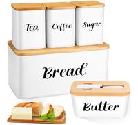 Domensi Metal Bread Box and Ceramic Butter Dish with 3 Airtight Kitchen Canisters Farmhouse Storage Canister Set for Kitchen with Bamboo Cutting Board Lid and Stainless Steel Butter Knife (White)