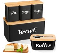 Domensi Metal Bread Box and Ceramic Butter Dish with 3 Airtight Kitchen Canisters Farmhouse Storage Canister Set for Kitchen with Bamboo Cutting Board Lid and Stainless Steel Butter Knife (Black)