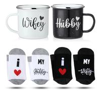Domensi Set of 4 Wedding Hubby and Wifey Gifts Wifey and Hubby Couples Coffee Mugs Couples Socks for Bride Wedding Valentine's Day Groom Engagement Gifts, DOMENSI-SHI9