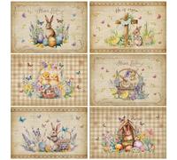 Domensi Set of 6 Vintage Easter Placemats Spring Bunny Place Mats 12 x 18 Inch Retro Brown Egg Chick Table Mat Rustic Farmhouse Flower Christian Cross Tablemat for Kitchen Home Dining Decoration