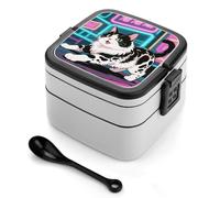 Domestic Cat Bento Box with Spoon & Handle - 2 Compartment Leak-Proof Stackable Lunch Box for Adults, BPA-Free Reusable Food Containers for Work, Travel, Picnic