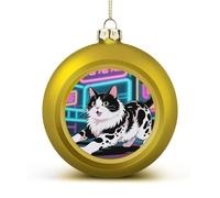 Domestic Cat Christmas Ball Ornaments - Golden Shatterproof Plastic Vintage Rustic Xmas Tree Decorations Pendant for Family Holiday Wedding Party Xmas Hanging Decoration
